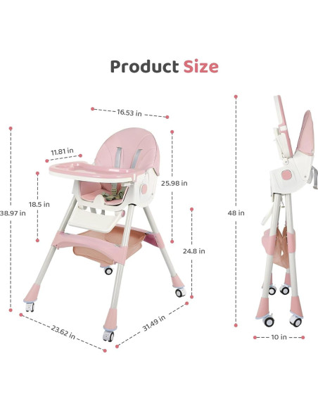Silla Alta Plegable 6 en 1 Rosa - Bebés con Ruedas Ajustables