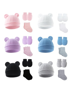 Conjunto 6 Piezas Gorras Manoplas Calcetines Bebés Prematuros Algodón