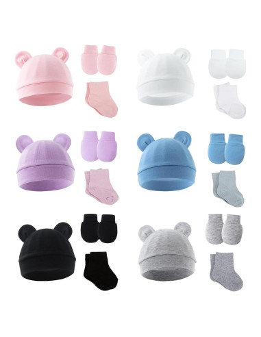 Conjunto 6 Piezas Gorras Manoplas Calcetines Bebés Prematuros Algodón