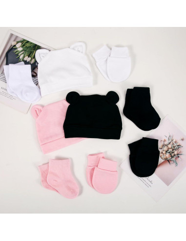 Conjunto 6 Piezas Gorras Manoplas Calcetines Bebés Prematuros Algodón
