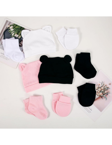 Conjunto 6 Piezas Gorras Manoplas Calcetines Bebés Prematuros Algodón