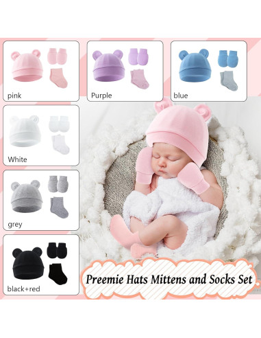 Conjunto 6 Piezas Gorras Manoplas Calcetines Bebés Prematuros Algodón