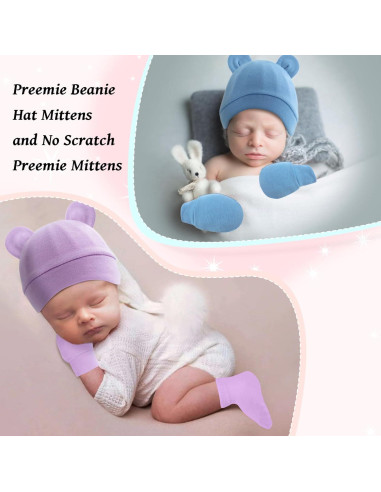 Conjunto 6 Piezas Gorras Manoplas Calcetines Bebés Prematuros Algodón