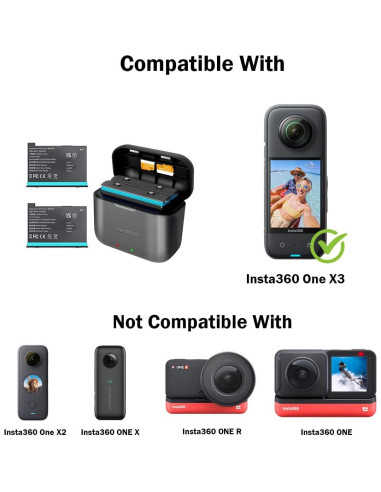 2 Baterías de Reemplazo 1800mAh con Hub Cargador NBZZ para Insta360 X3