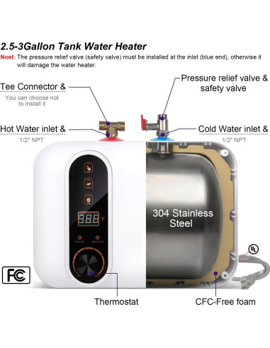 Calentador de Agua Eléctrico AMPOWSURE 11L 1500W Blanco Compacto