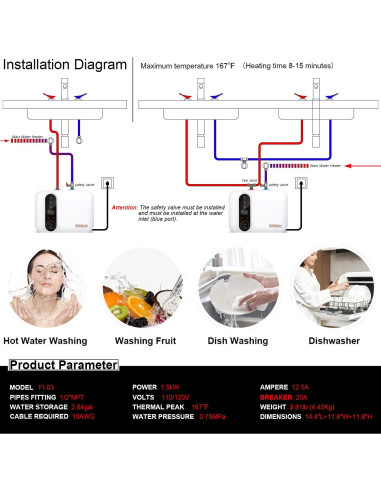 Calentador de Agua Eléctrico AMPOWSURE 11L 1500W Blanco Compacto