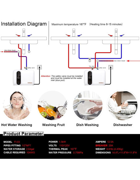 Calentador de Agua Eléctrico AMPOWSURE 11L 1500W Blanco Compacto