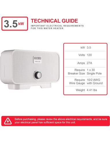 Calentador de Agua Eléctrico Sin Tanque Atmor 3.5 kW 120V