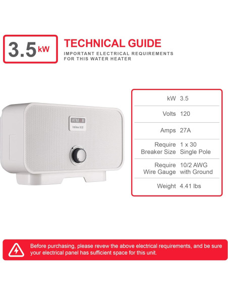 Calentador de Agua Eléctrico Sin Tanque Atmor 3.5 kW 120V