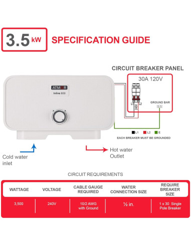 Calentador de Agua Eléctrico Sin Tanque Atmor 3.5 kW 120V