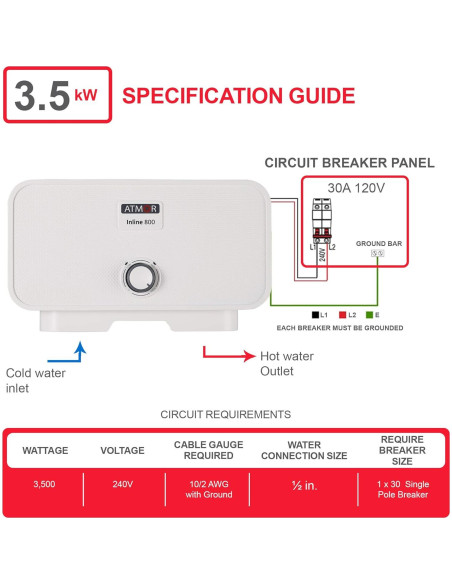 Calentador de Agua Eléctrico Sin Tanque Atmor 3.5 kW 120V