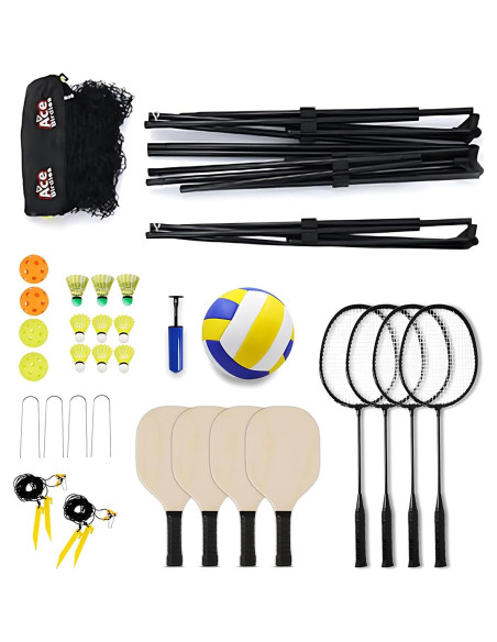 Conjunto completo de bádminton Ace Birdies - 4 raquetas, 4 palas, red ajustable