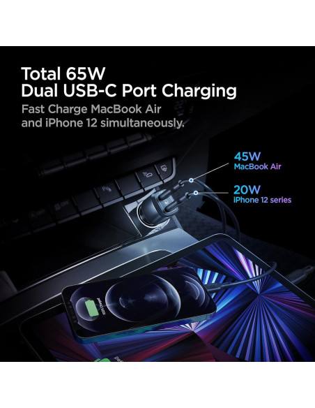 Cargador de Coche USB C Spigen 65W Dual Carga Rápida PD 3.0