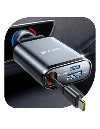 Cargador de coche Lamicall USB-C 57W con cable retráctil