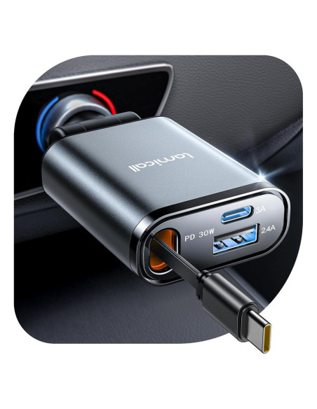 Cargador de coche Lamicall USB-C 57W con cable retráctil