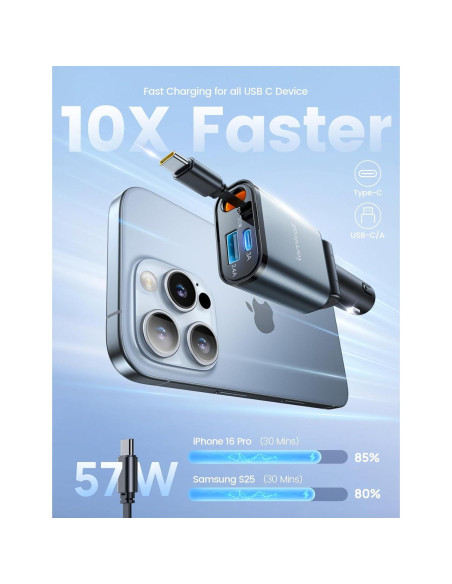 Cargador de coche Lamicall USB-C 57W con cable retráctil