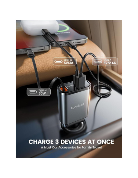 Cargador de coche Lamicall USB-C 57W con cable retráctil