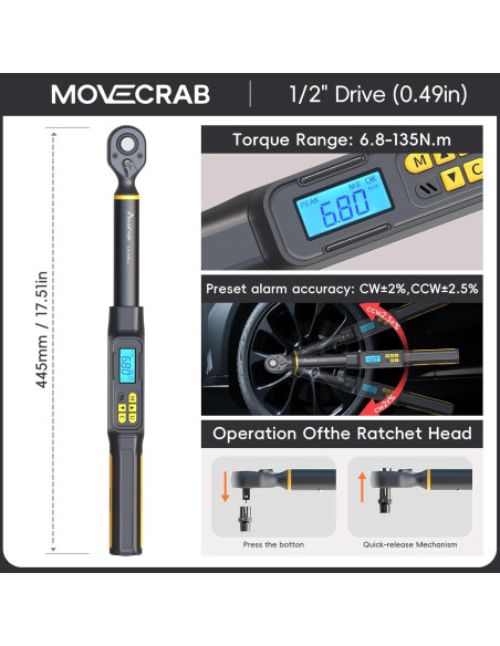 Llave de Torque Digital MOVECRAB 1/2" 6.8-135N.m Precisión 2%