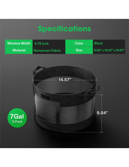 Bolsas de Cultivo VIVOSUN 7 Galones Pack de 3 con Ventana