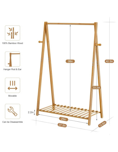 Perchero de Ropa de Bambú COOGOU de Pie 69.3x32x107.5 cm
