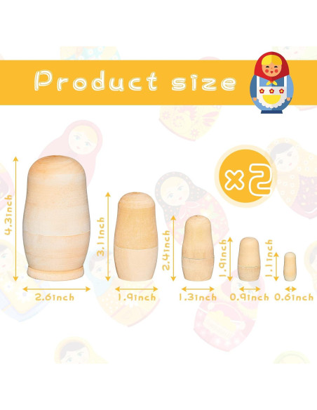 2 Juegos de Muñecas Rusas de Madera Sin Pintar 11.4 cm