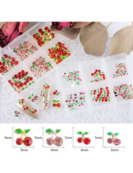 60 Piezas Encantos de Uñas Cereza 3D Katfan 9x9mm