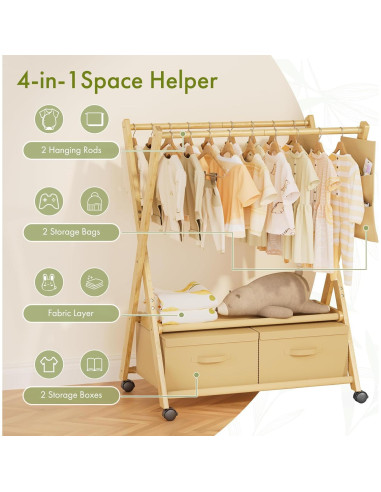 Perchero de Bambú para Niños Amazer con Ruedas 88x52cm