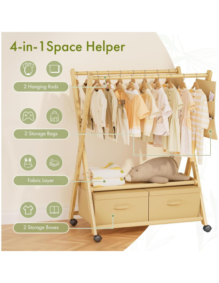 Perchero de Bambú para Niños Amazer con Ruedas 88x52cm