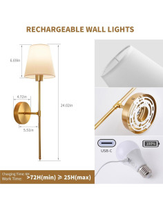 Juego de 2 Apliques de Pared Inalámbricos ZEAYUM Dorados LED 2