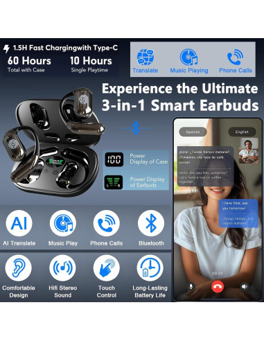 Auriculares de Traducción AI OWS 4-en-1 10h Batería 144 Idiomas