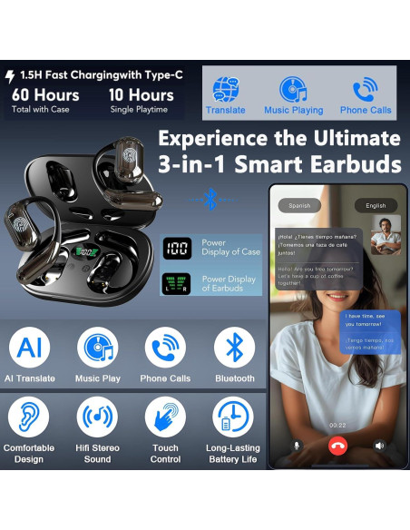 Auriculares de Traducción AI OWS 4-en-1 10h Batería 144 Idiomas