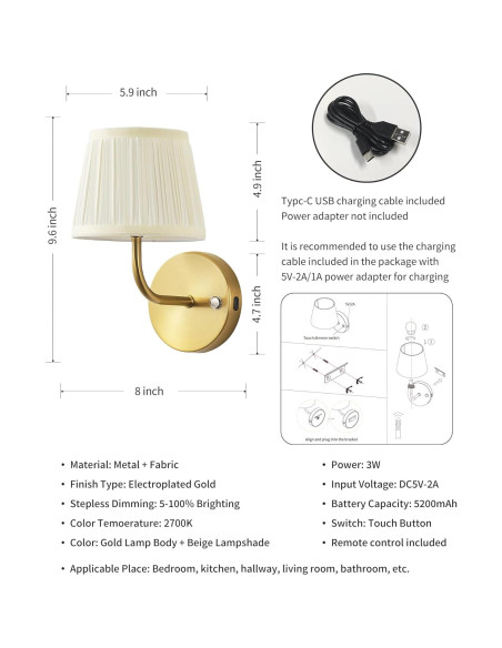 Aplique de Pared Inalámbrico PUSU Dorado 24.4 cm Juego de 2