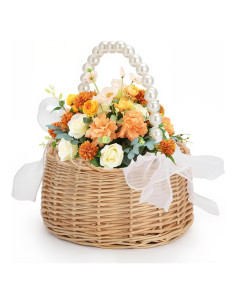 Cesta de Flores de Mimbre VIPWIN 16.5x20 cm con Mango de Perlas