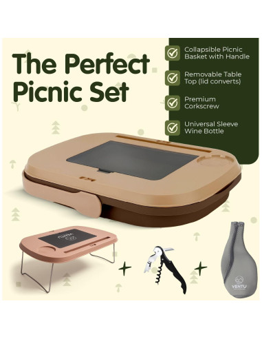 Cesta de Picnic Plegable VENTU 18L con Tapa Mesa y Funda Vino