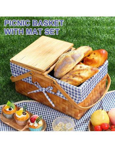 Kit de Picnic Blushtier con Cesta de Madera y Alfombra Impermeable