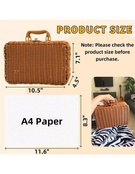 Cesta de Picnic de Mimbre Covzoe 26.7x18x11.4 cm Vintage