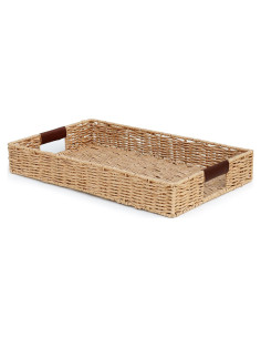 Bandeja Rectangular de Ratan Summit Living 50.8x30.5cm con Mangos de Cuero