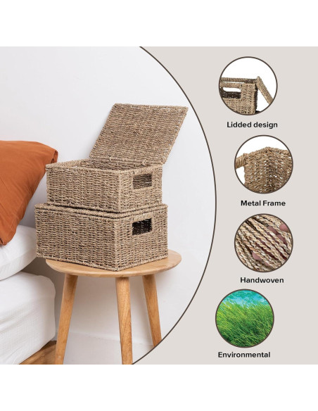 Cestas de Almacenamiento de Mimbre OEHID con Tapa - Juego de 3