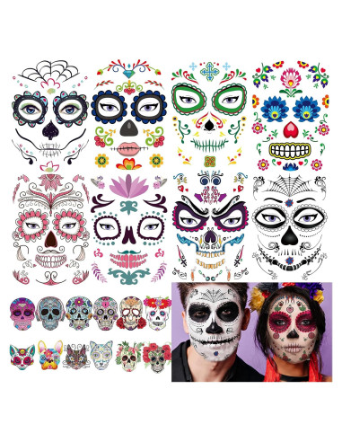 20 Hojas Tatuajes Faciales Temporales Calaveras Zomme