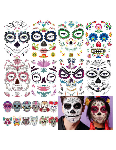 20 Hojas Tatuajes Faciales Temporales Calaveras Zomme