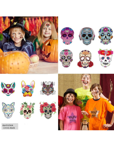 20 Hojas Tatuajes Faciales Temporales Calaveras Zomme