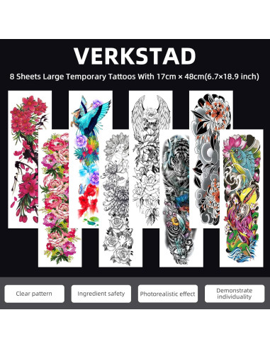 8 Hojas Tatuajes Temporales Impermeables VERKSTAD para Brazo