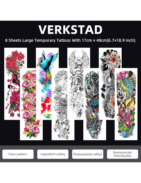 8 Hojas Tatuajes Temporales Impermeables VERKSTAD para Brazo
