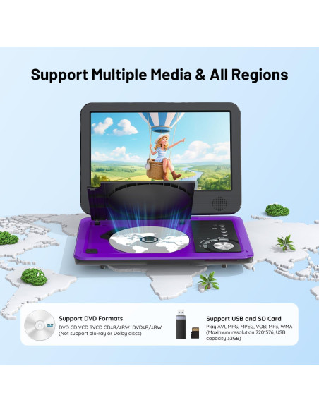 Reproductor de DVD Portátil ieGeek 12.5" HD 5H Batería USB SD