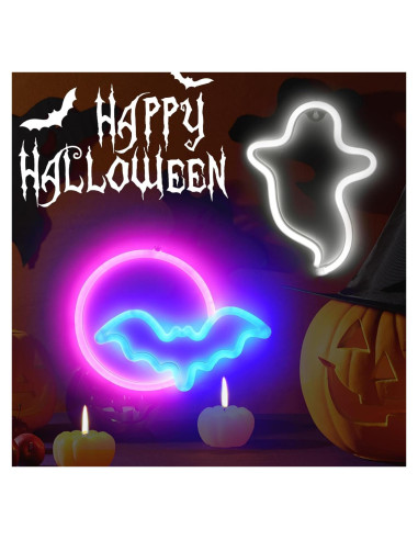 Carteles Neón Halloween BRIGHTDECK - Fantasma y Murciélago LED