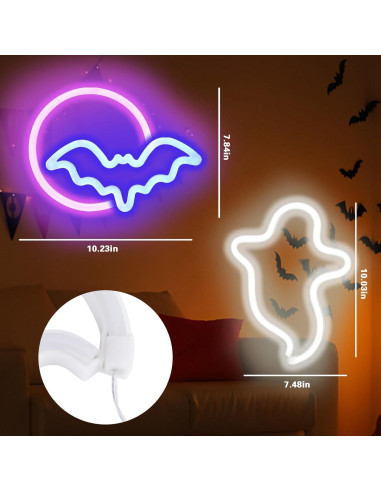 Carteles Neón Halloween BRIGHTDECK - Fantasma y Murciélago LED
