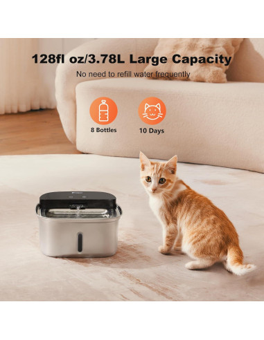 Fuente de Agua Inalámbrica para Gatos Holapaw 3.78L Acero Inoxidable