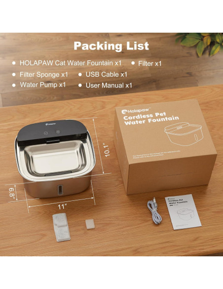 Fuente de Agua Inalámbrica para Gatos Holapaw 3.78L Acero Inoxidable