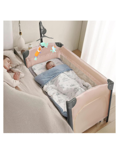 Cuna Lateral JOYMOR 3 en 1 Beige - Cuna, Parque Infantil y Cama de Viaje