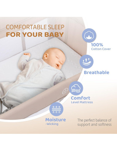 Cuna Lateral JOYMOR 3 en 1 Beige - Cuna, Parque Infantil y Cama de Viaje